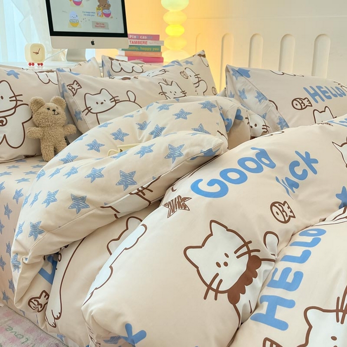 91家纺网 家纺一手货源 找家纺 晨希家居 2024新款全棉卡通活性印花四件套幸运猫咪