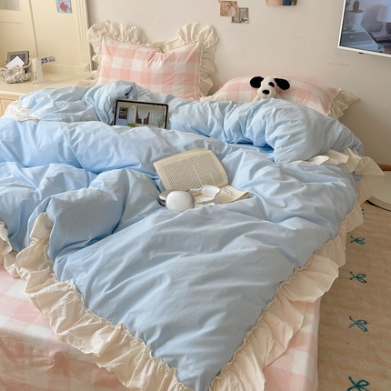 91家纺网 家纺一手货源 找家纺 （总）六巷胡同 2024新款韩系博主大格子混搭花边款四件套