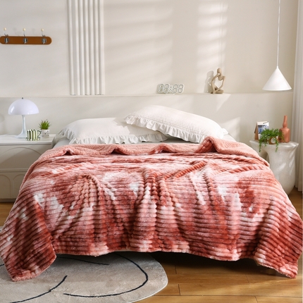 巴木赫 2024新款同色印花抽条羊羔绒毛毯 橙红同色羊羔绒