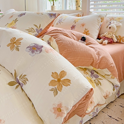 91家纺网 家纺一手货源 找家纺 （总）优选 2025新款有氧提花云纱棉圆角吊边工艺款四件套学生三件套