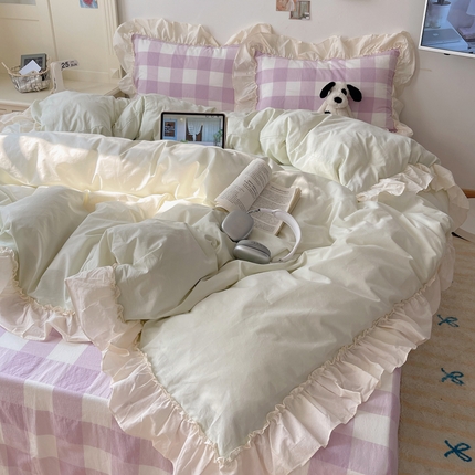 91家纺网 家纺一手货源 找家纺 （总）六巷胡同 2024新款韩系博主大格子混搭花边款四件套