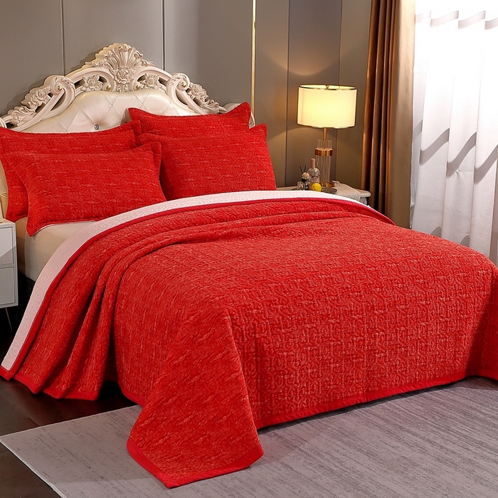 91家纺网 家纺一手货源 找家纺 晶缦家纺 2024新款水波纹色织牛奶绒床盖三件套 涟漪-大红