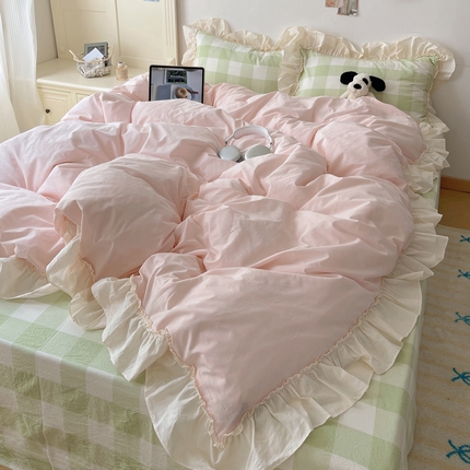 91家纺网 家纺一手货源 找家纺 （总）六巷胡同 2024新款韩系博主大格子混搭花边款四件套