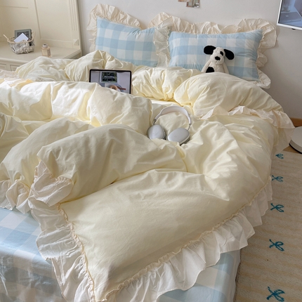 91家纺网 家纺一手货源 找家纺 （总）六巷胡同 2024新款韩系博主大格子混搭花边款四件套