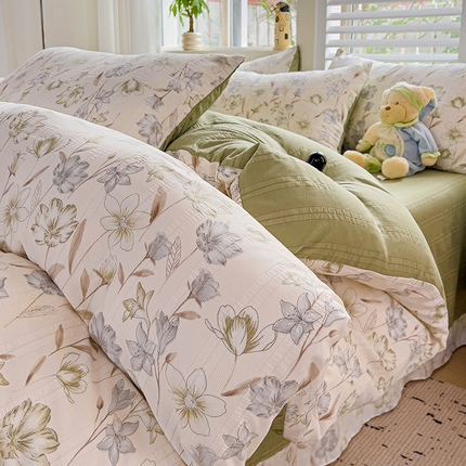 91家纺网 家纺一手货源 找家纺 （总）优选 2025新款有氧提花云纱棉圆角吊边工艺款四件套学生三件套