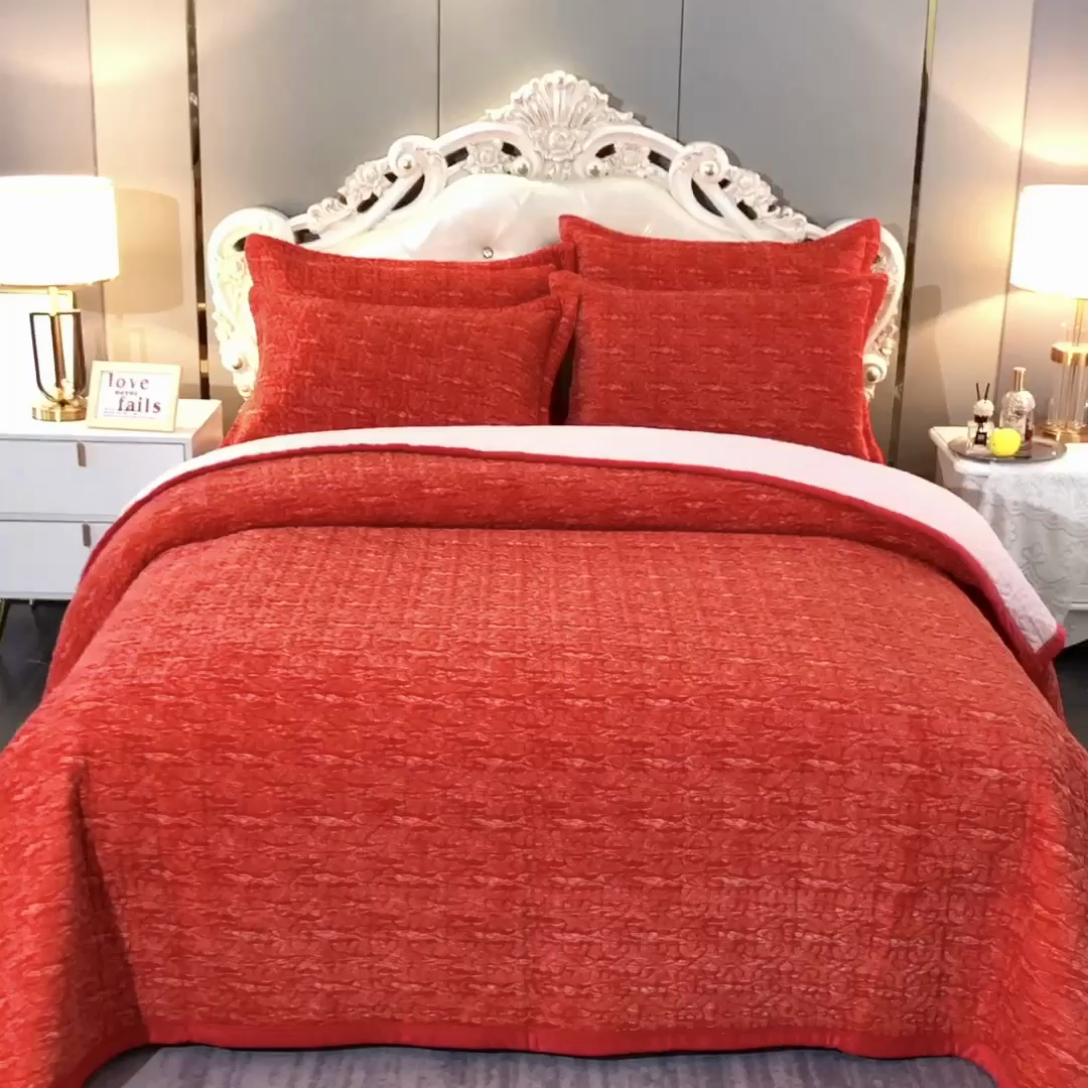 91家纺网 家纺一手货源 找家纺 晶缦家纺 2024新款水波纹色织牛奶绒床盖三件套 涟漪-大红