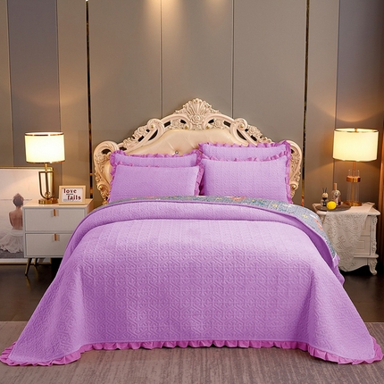 晶缦家纺 2024新款纯色小花边牛奶绒床盖三件套 暖馨-浅紫