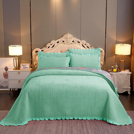 晶缦家纺 2024新款纯色小花边牛奶绒床盖三件套 暖馨-浅绿
