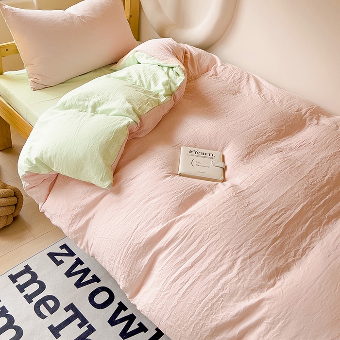 91家纺网 家纺一手货源 找家纺 韩巢家纺 2024新款学生宿舍寝室上下铺超柔水洗棉单件被套-纯色双拼（提供卖家秀） 水洗棉浅粉绿