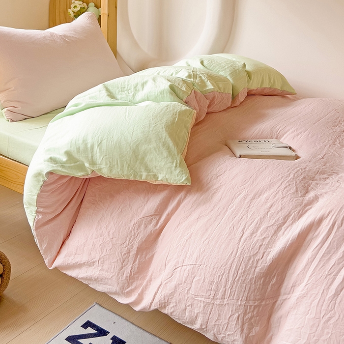 91家纺网 家纺一手货源 找家纺 韩巢家纺 2024新款学生宿舍寝室上下铺超柔水洗棉单件被套-纯色双拼（提供卖家秀） 水洗棉浅粉绿