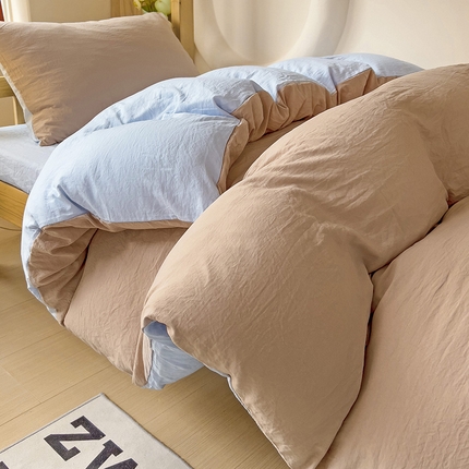 91家纺网 家纺一手货源 找家纺 韩巢家纺 2024新款学生宿舍寝室上下铺超柔水洗棉单件被套-纯色双拼（提供卖家秀） 水洗棉咖蓝