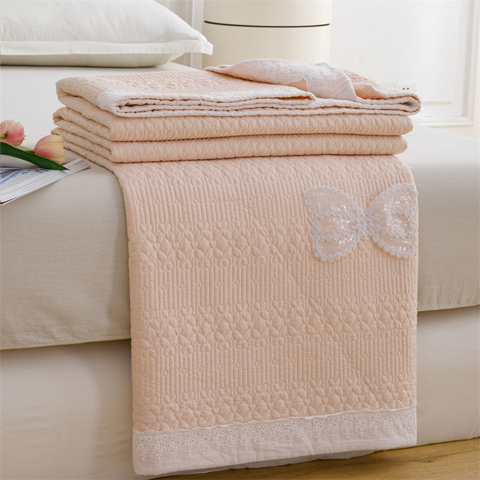 91家纺网 家纺一手货源 找家纺 暖居 2024新款纯色双面纯棉床盖三件套 浅粉