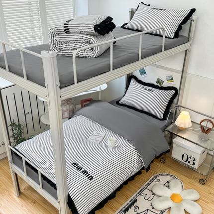 91家纺网 家纺一手货源 找家纺 苏源家居 2024新款学生季上下铺亲肤水洗棉韩版三件套 小香风-高级灰