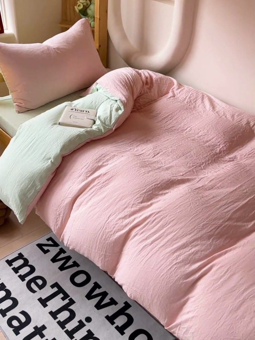 91家纺网 家纺一手货源 找家纺 韩巢家纺 2024新款学生宿舍寝室上下铺超柔水洗棉单件被套-纯色双拼（提供卖家秀） 水洗棉浅粉绿