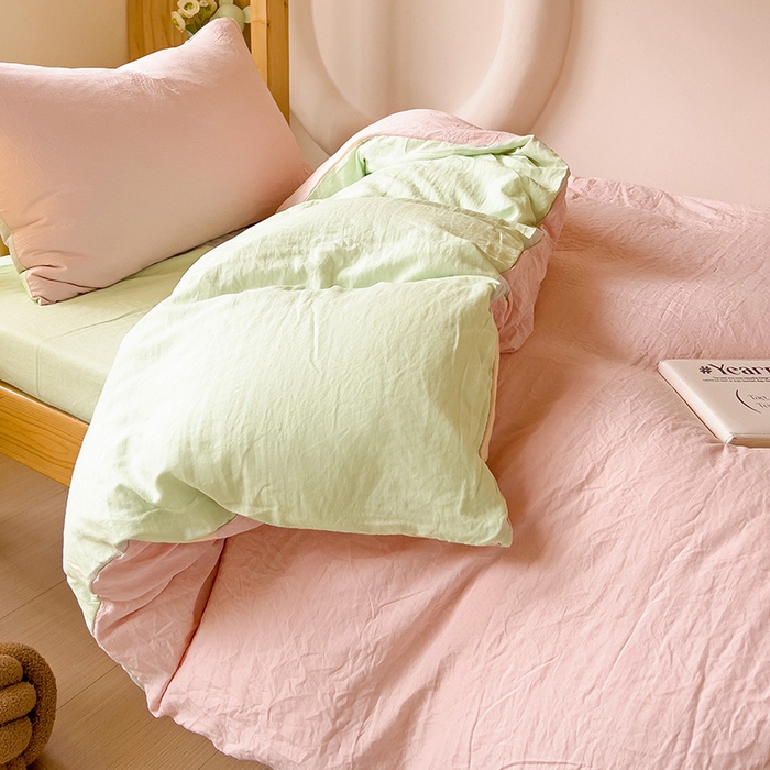 91家纺网 家纺一手货源 找家纺 韩巢家纺 2024新款学生宿舍寝室上下铺超柔水洗棉单件被套-纯色双拼（提供卖家秀） 水洗棉浅粉绿