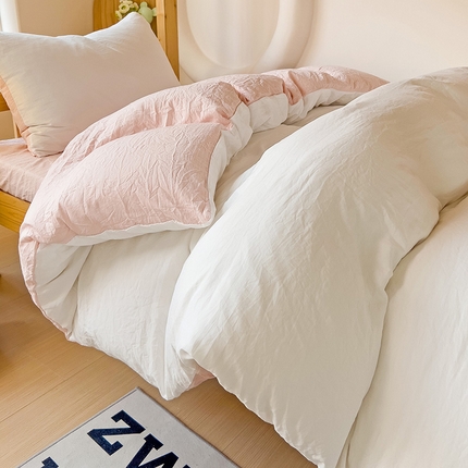 91家纺网 家纺一手货源 找家纺 韩巢家纺 2024新款学生宿舍寝室上下铺超柔水洗棉单件被套-纯色双拼（提供卖家秀） 水洗棉白浅粉