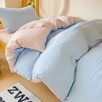 91家纺网 家纺一手货源 找家纺 韩巢家纺 2024新款学生宿舍寝室上下铺超柔水洗棉单件被套-纯色双拼（提供卖家秀） 水洗棉蓝粉