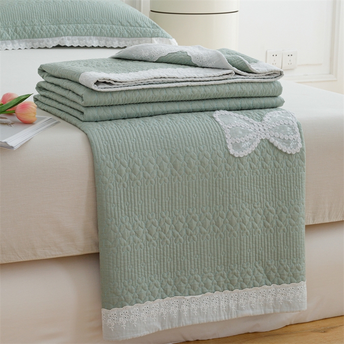 91家纺网 家纺一手货源 找家纺 暖居 2024新款纯色双面纯棉床盖三件套 芥末绿