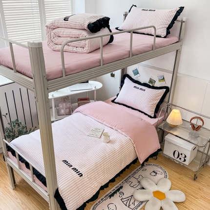 91家纺网 家纺一手货源 找家纺 苏源家居 2024新款学生季上下铺亲肤水洗棉韩版三件套 小香风-冰莓粉