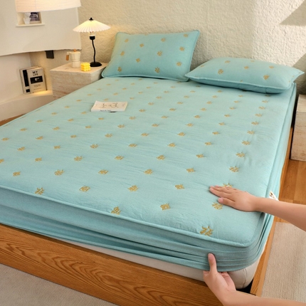 91家纺网 家纺一手货源 找家纺 尊康家纺（原磊科）  2024新款全棉色织大豆棉床笠-金百福 金百福-水绿