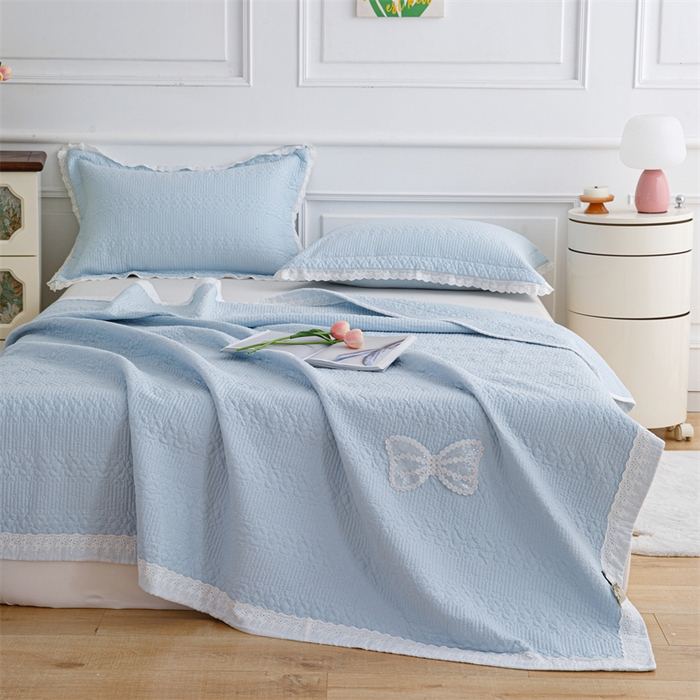 91家纺网 家纺一手货源 找家纺 暖居 2024新款纯色双面纯棉床盖三件套 浅蓝色