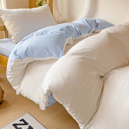 韩巢家纺 2024新款学生宿舍寝室上下铺超柔水洗棉单件被套-纯色双拼（提供卖家秀） 水洗棉白蓝