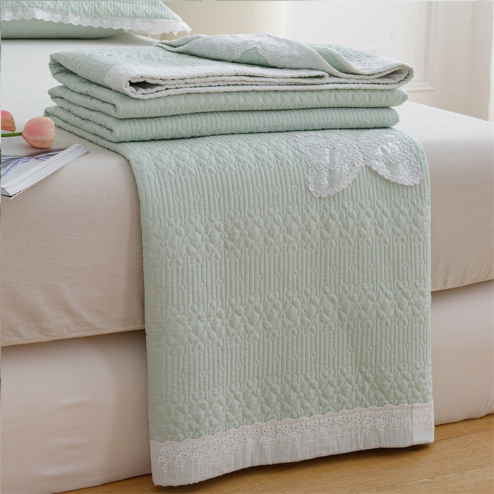 91家纺网 家纺一手货源 找家纺 暖居 2024新款纯色双面纯棉床盖三件套 浅绿