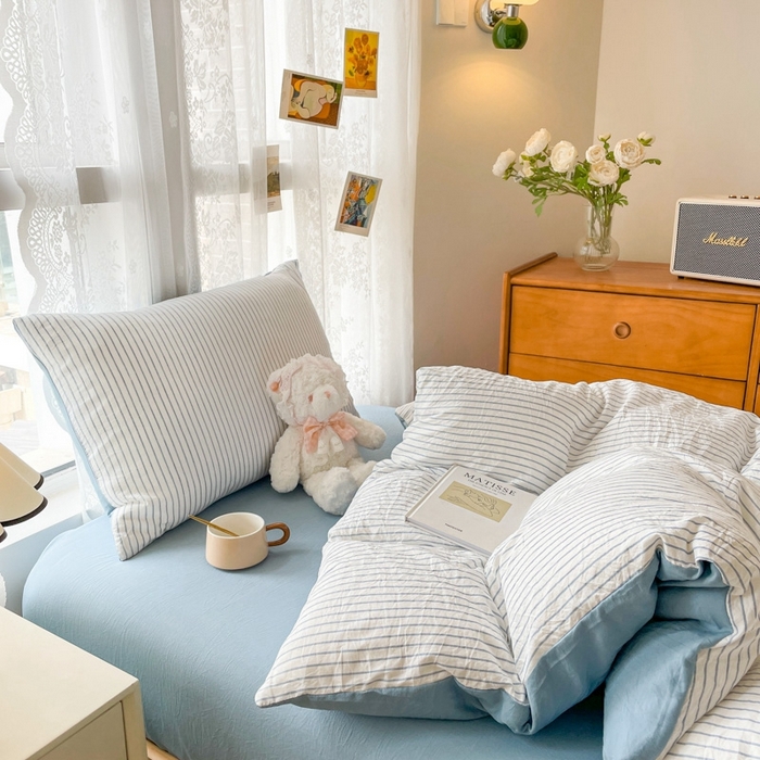 91家纺网 家纺一手货源 找家纺 悦织湾家纺 2025新款105克水洗棉磨毛四件套 良品条纹蓝