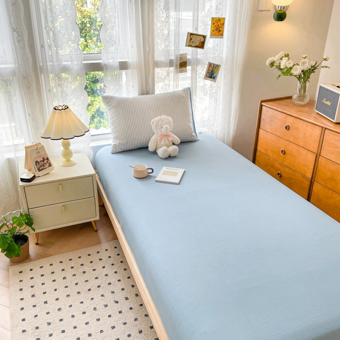 91家纺网 家纺一手货源 找家纺 悦织湾家纺 2025新款105克水洗棉磨毛四件套 良品条纹蓝