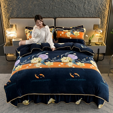 91家纺网 家纺一手货源 找家纺 2025直播爆款印花牛奶绒四件套8斤法莱绒印花四件套荷塘月色