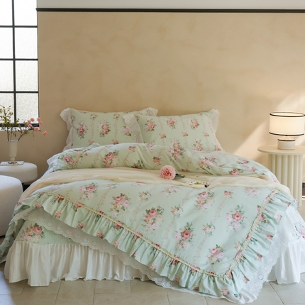 91家纺网 家纺一手货源 找家纺 菊上家纺 2024新款法式全棉床盖款四件套-梦幻花园系列 梦幻花园-绿