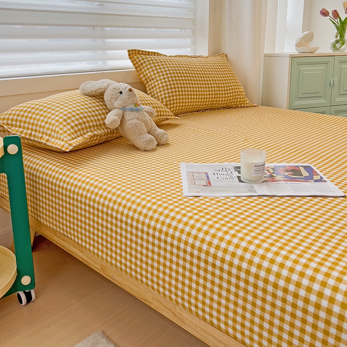 91家纺网 家纺一手货源 找家纺 楠沐家纺 2025新款亲肤印花芦荟棉水洗棉床笠系列 心动黄