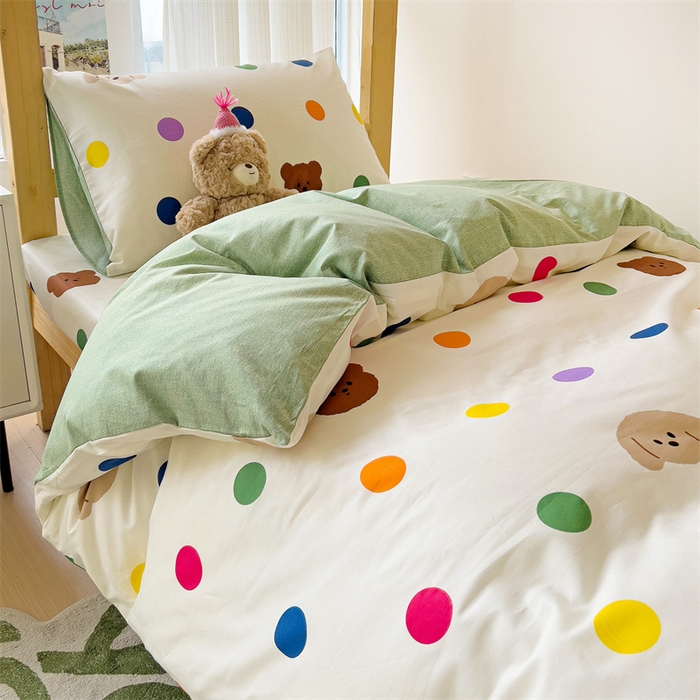 91家纺网 家纺一手货源 找家纺 名兮家居 2024新款全棉印花学生款多件套 波点小熊