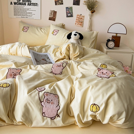 91家纺网 家纺一手货源 找家纺 （总）梦之岛 2024新款学生季ins水洗云朵棉可爱毛巾绣四件套