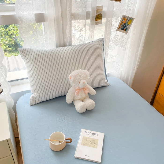 91家纺网 家纺一手货源 找家纺 悦织湾家纺 2025新款105克水洗棉磨毛四件套 良品条纹蓝