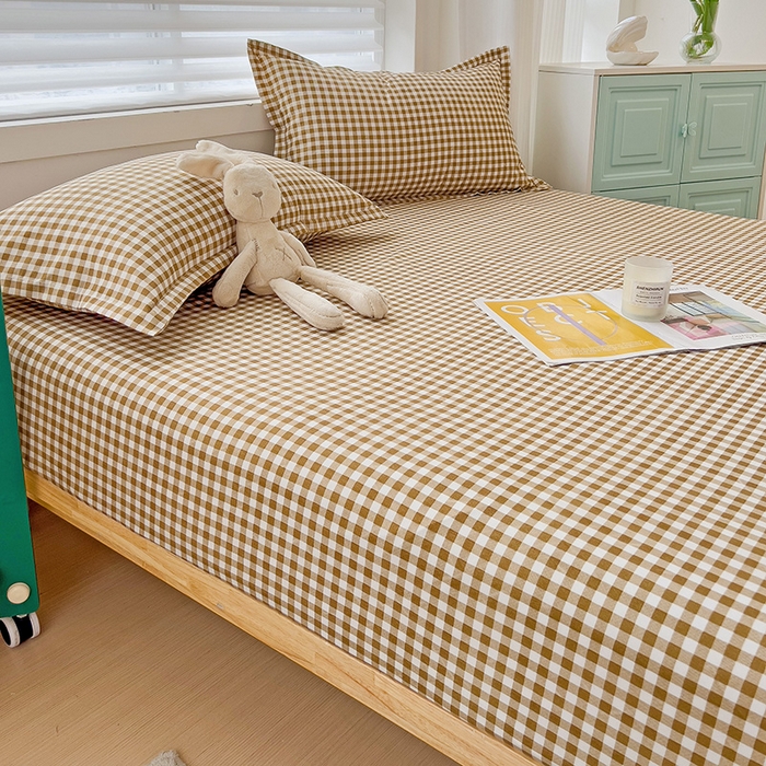 91家纺网 家纺一手货源 找家纺 楠沐家纺 2025新款亲肤印花芦荟棉水洗棉床笠系列 心动咖