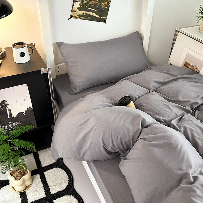 91家纺网 家纺一手货源 找家纺 悦织湾家纺 2025新款105克水洗棉磨毛四件套 莫奈灰