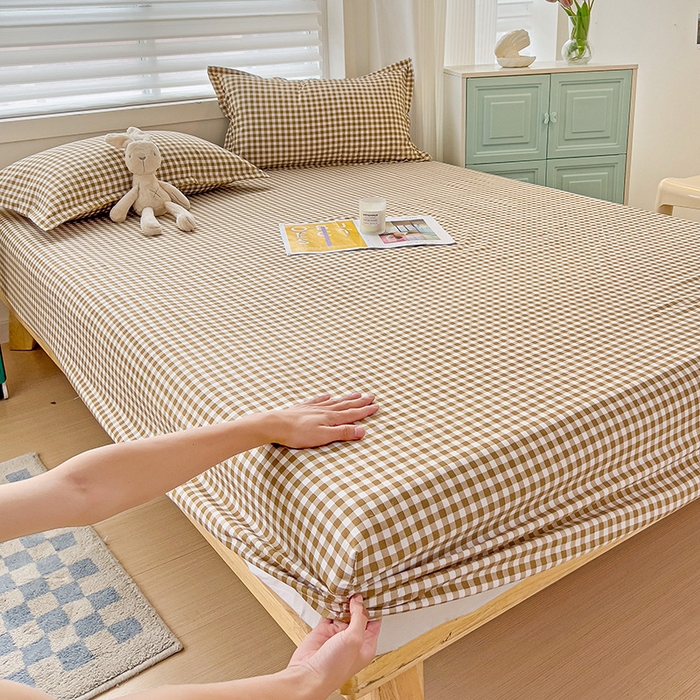 91家纺网 家纺一手货源 找家纺 楠沐家纺 2025新款亲肤印花芦荟棉水洗棉床笠系列 心动咖