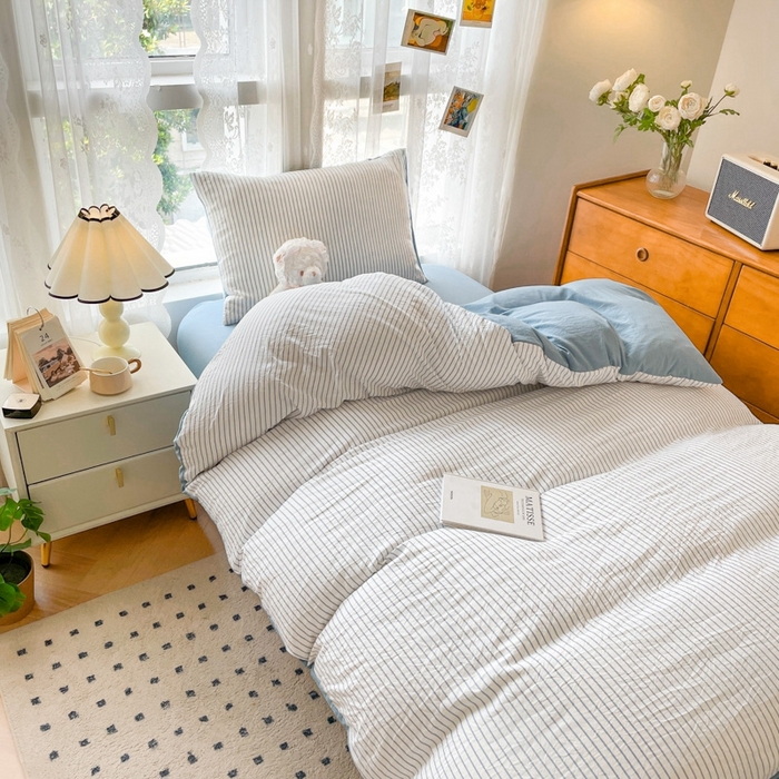 91家纺网 家纺一手货源 找家纺 悦织湾家纺 2025新款105克水洗棉磨毛四件套 良品条纹蓝