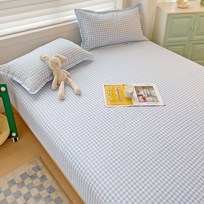 91家纺网 家纺一手货源 找家纺 楠沐家纺 2025新款亲肤印花芦荟棉水洗棉床笠系列 心动蓝