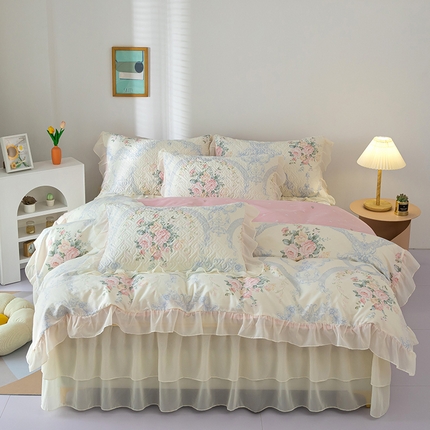 木兰花 2024新款全棉印花夹棉床裙款三件套韩版花边被套四件套 安娜