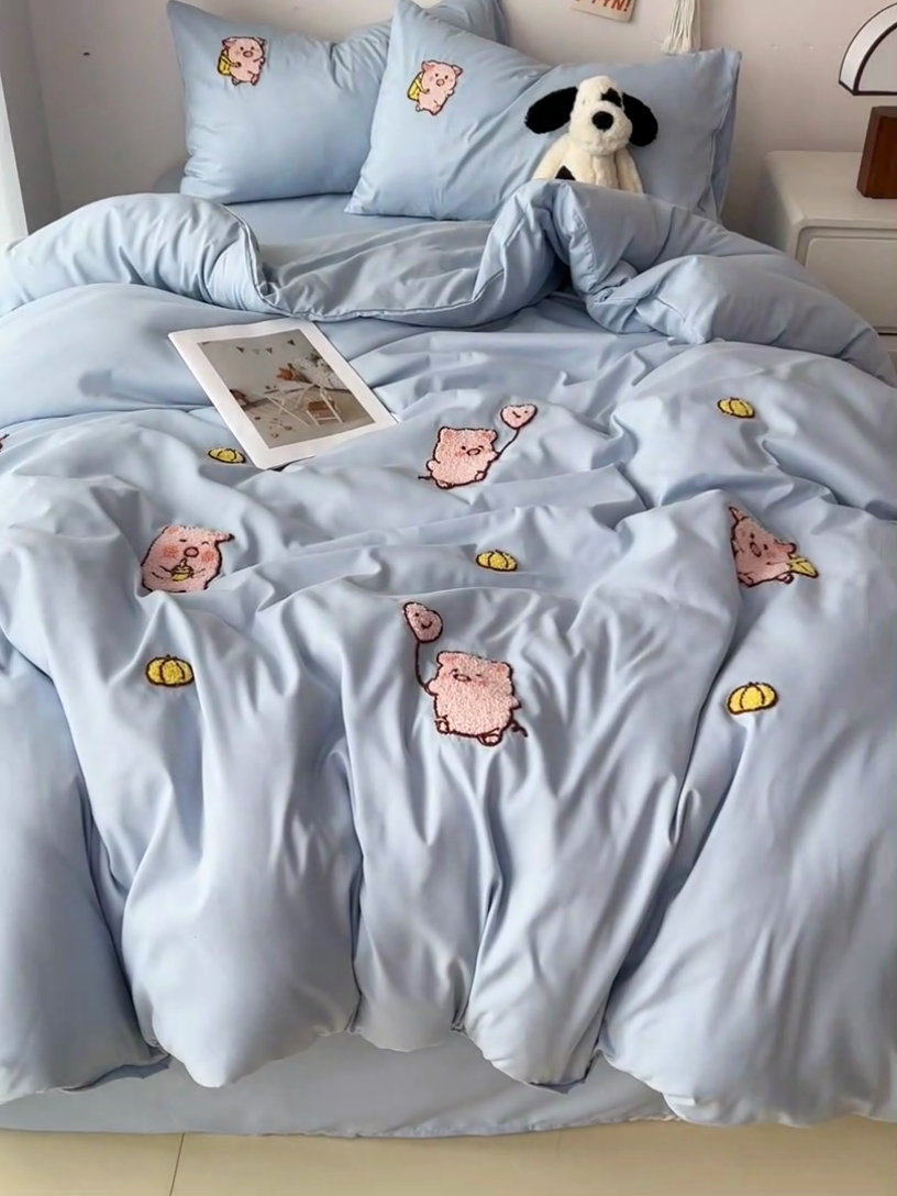 91家纺网 家纺一手货源 找家纺 （总）梦之岛 2024新款学生季ins水洗云朵棉可爱毛巾绣四件套