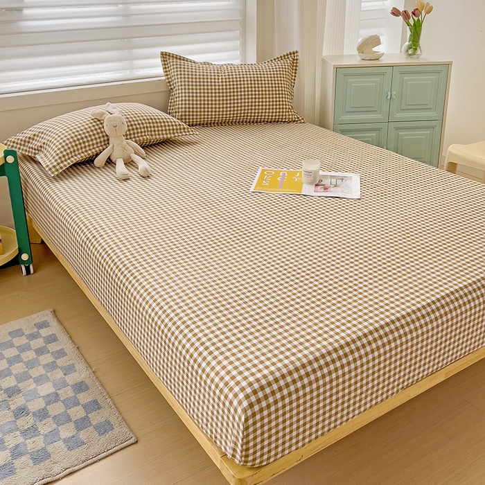 91家纺网 家纺一手货源 找家纺 楠沐家纺 2025新款亲肤印花芦荟棉水洗棉床笠系列 心动咖