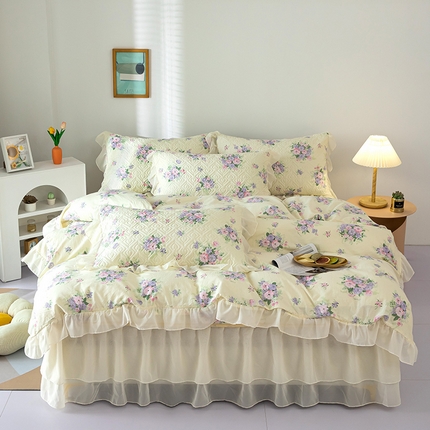 木兰花 2024新款全棉印花夹棉床裙款三件套韩版花边被套四件套 暗香