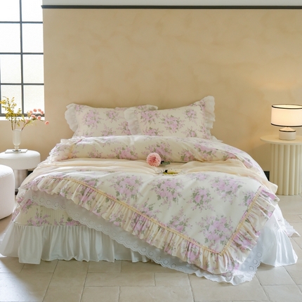 91家纺网 家纺一手货源 找家纺 菊上家纺 2024新款法式全棉床盖款四件套-梦幻花园系列 梦幻花园-粉