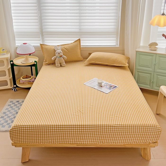 91家纺网 家纺一手货源 找家纺 楠沐家纺 2025新款亲肤印花芦荟棉水洗棉床笠系列 心动黄