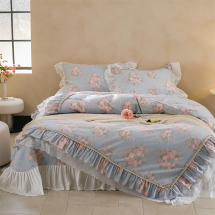 91家纺网 家纺一手货源 找家纺 菊上家纺 2024新款法式全棉床盖款四件套-梦幻花园系列 梦幻花园-蓝