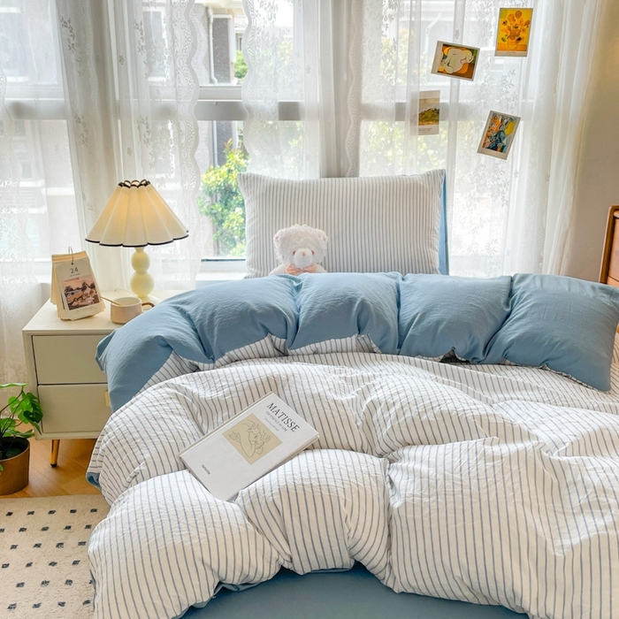 91家纺网 家纺一手货源 找家纺 悦织湾家纺 2025新款105克水洗棉磨毛四件套 良品条纹蓝