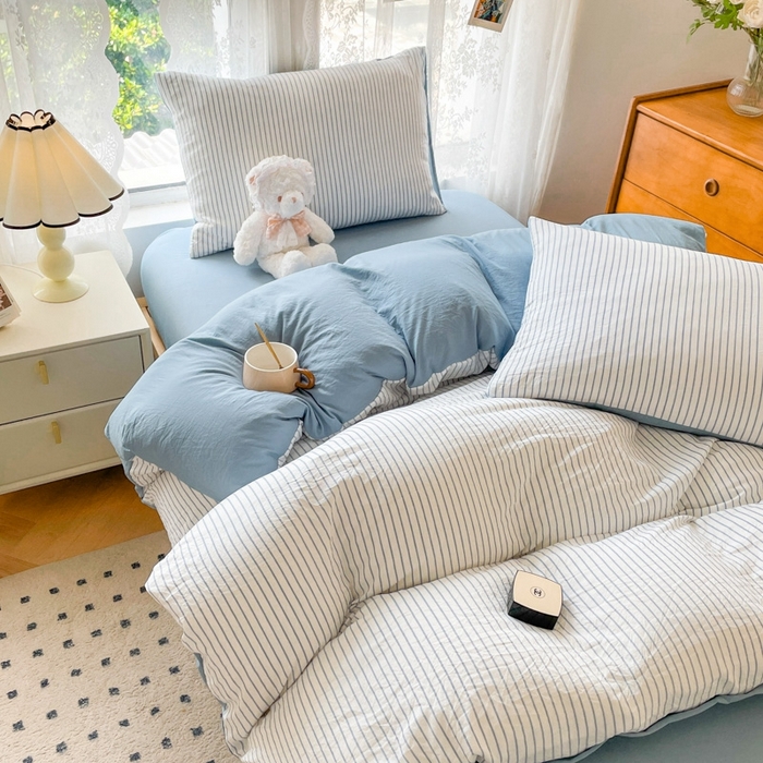 91家纺网 家纺一手货源 找家纺 悦织湾家纺 2025新款105克水洗棉磨毛四件套 良品条纹蓝