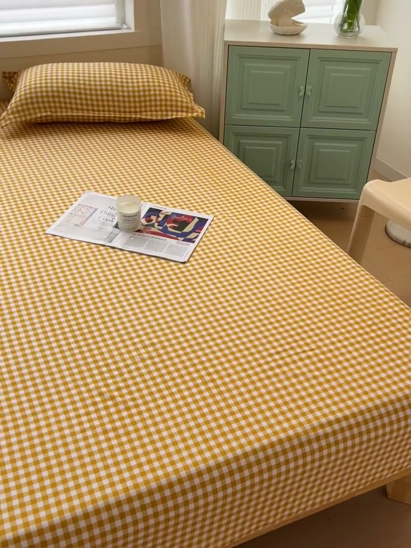 91家纺网 家纺一手货源 找家纺 楠沐家纺 2025新款亲肤印花芦荟棉水洗棉床笠系列 心动黄